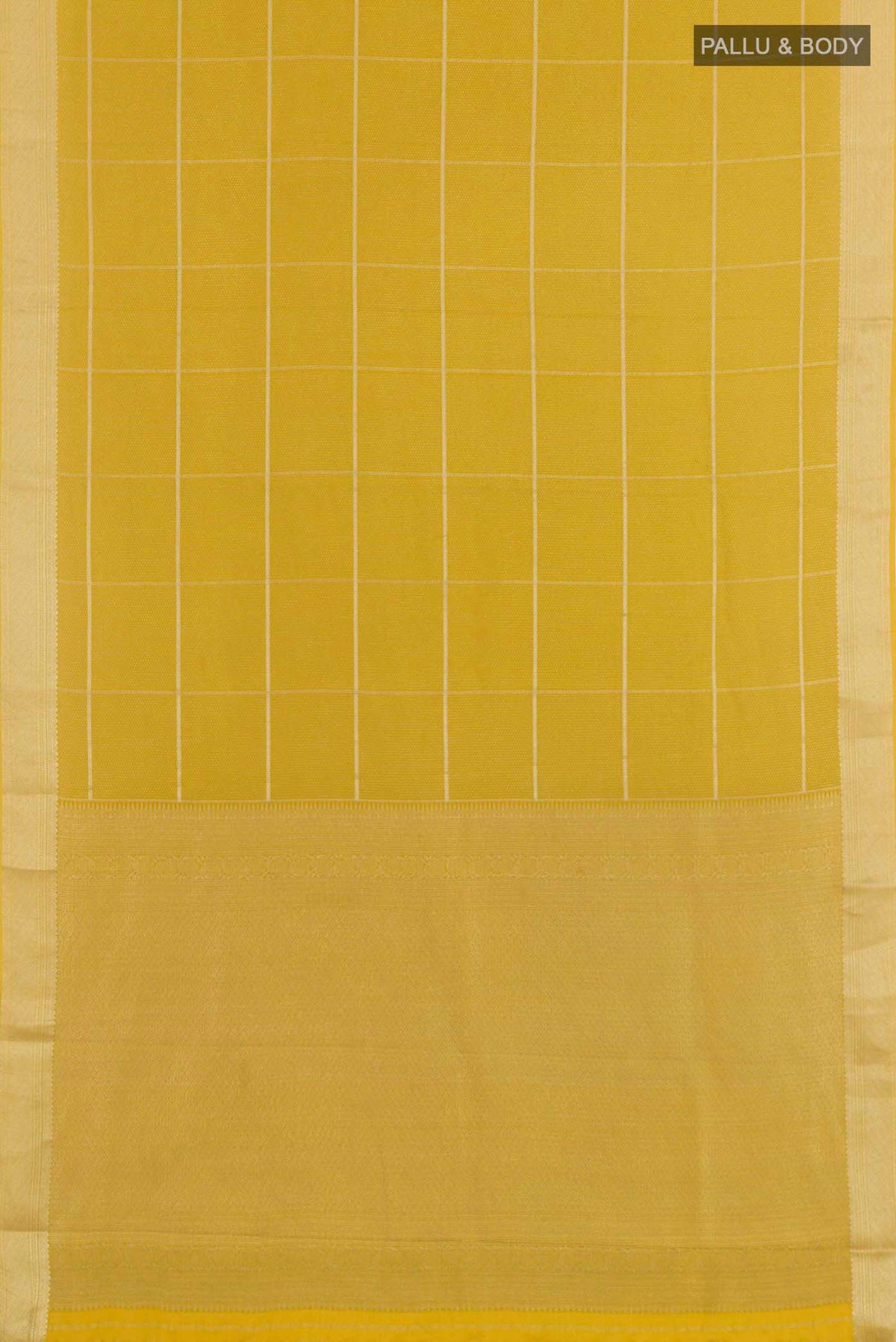 Flat view of Yellow Mysore Crepe Saree with Zari Brocade on the body and Zari Border. 