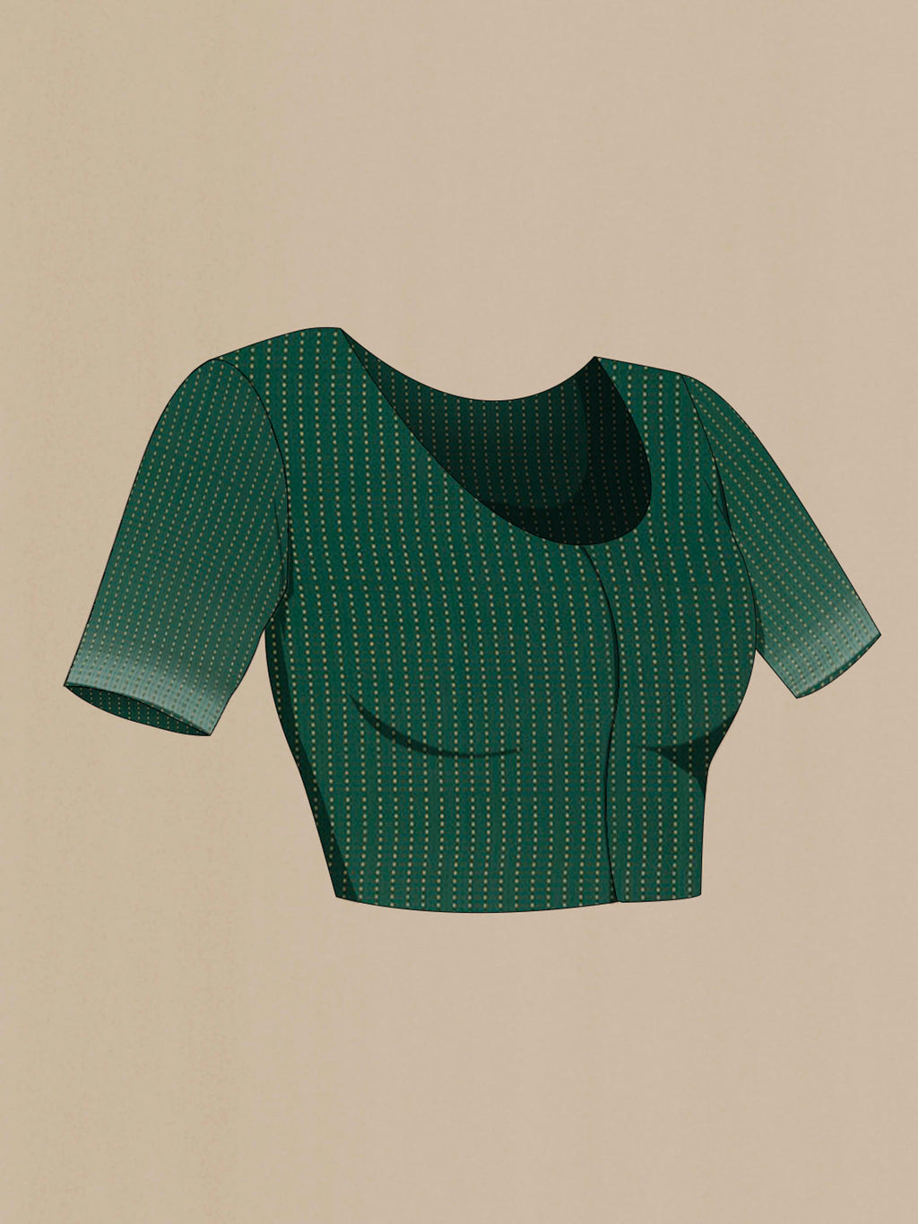 Close up image of the blouse of Bottle Green Mysore Crepe Saree with Stripes on the body and Zari Border. 