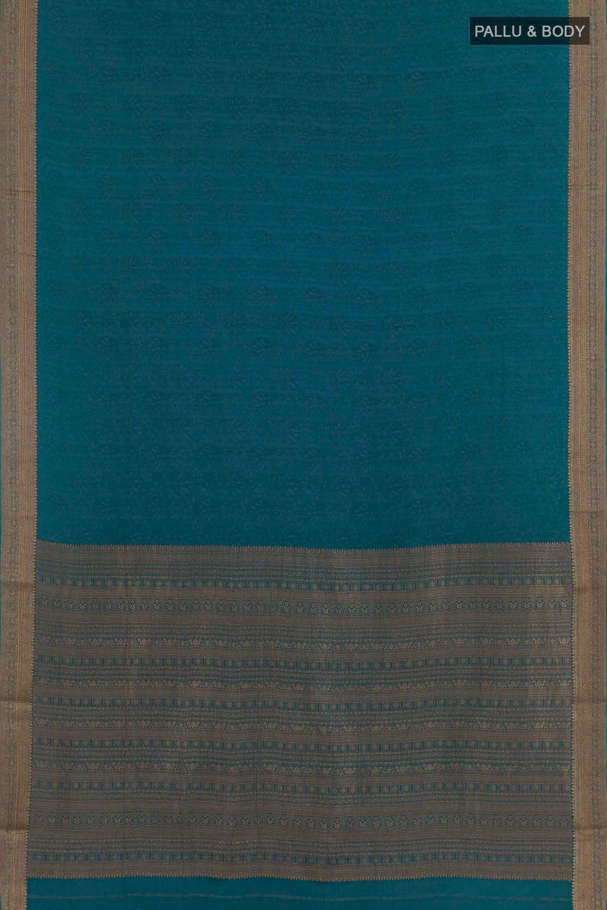 Flat view of Blue Mysore Crepe Saree with Jacquard design on the body and Zari Border. 