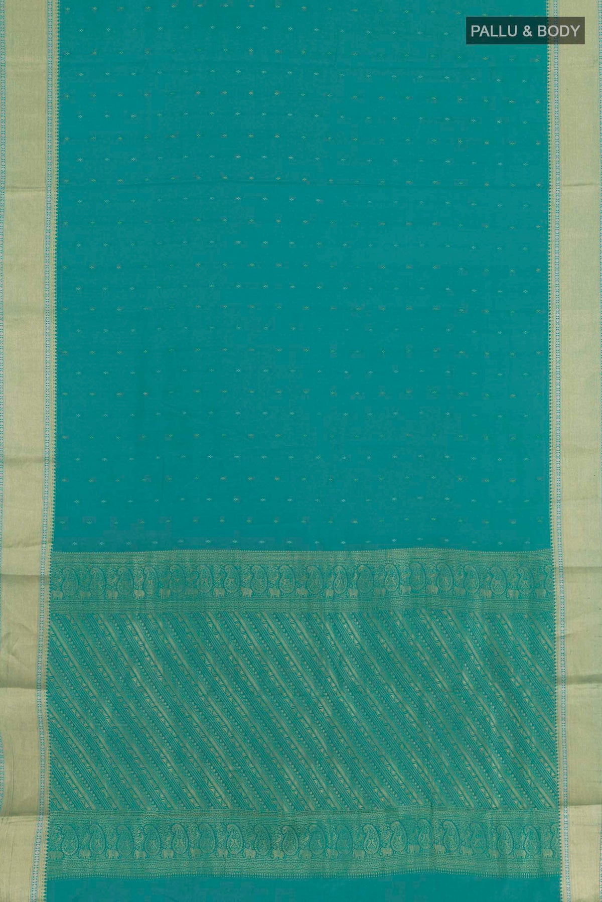 Flat view of Sea Green Mysore Crepe Saree with Zari Butta on the body and Zari Border. 