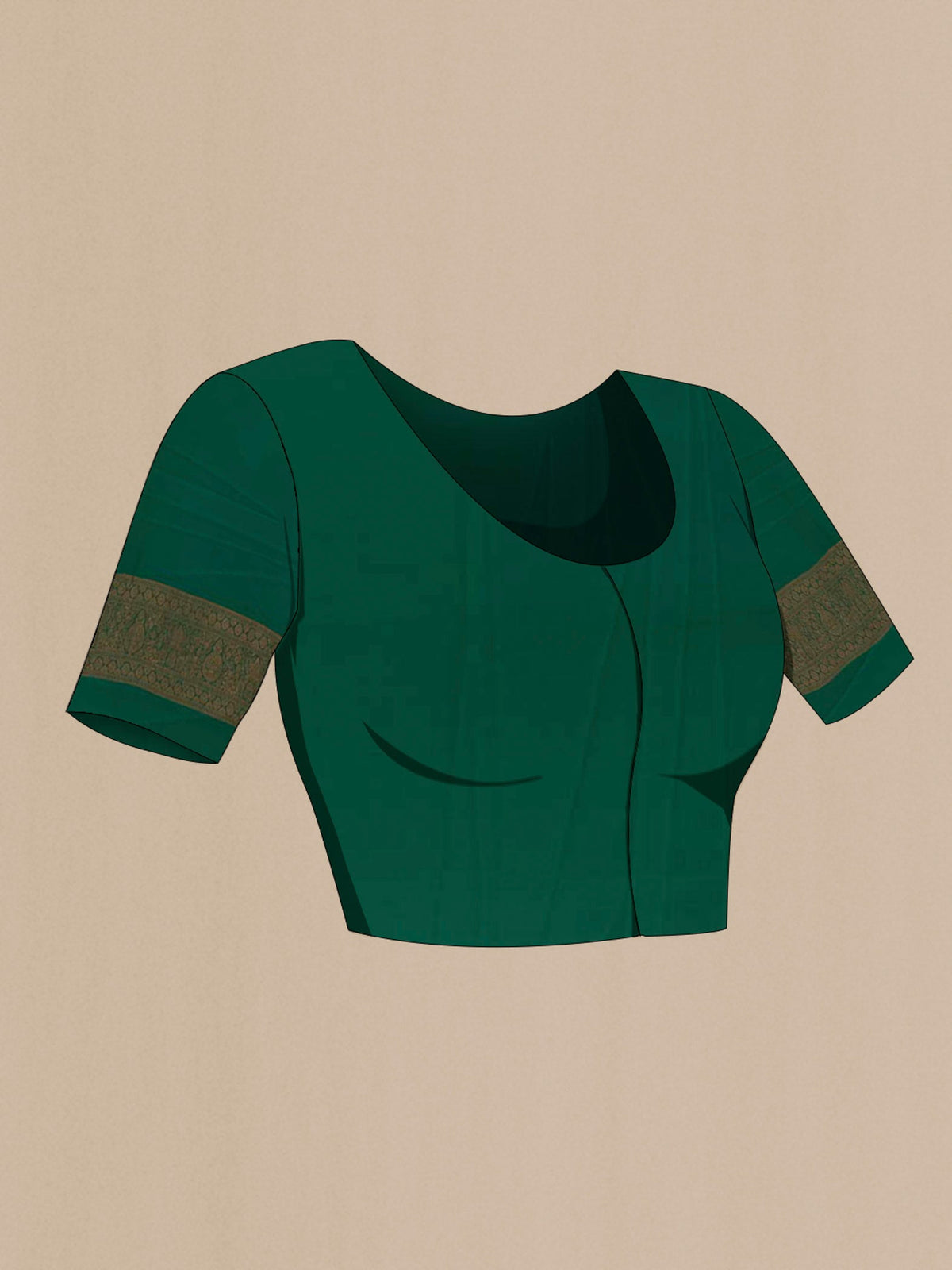Close up image of the blouse of Green Mysore Crepe Saree with Zari Butta on the body and Zari Border. 