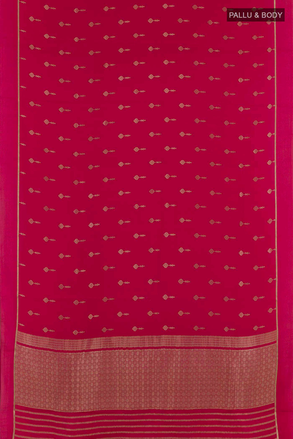Flat view of Pink Mysore Crepe Saree with Zari Butta on the body and Zari Border. 