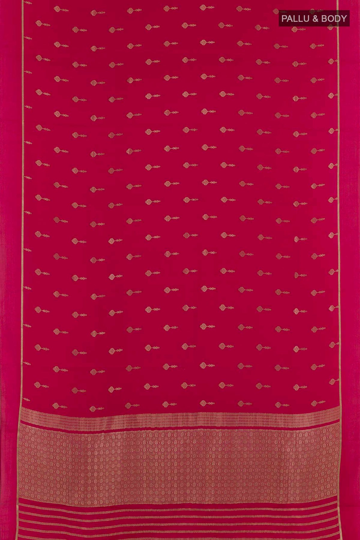 Flat view of Pink Mysore Crepe Saree with Zari Butta on the body and Zari Border. 