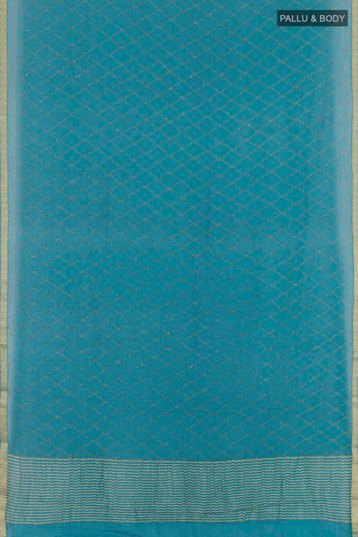 Flat view of Blue Mysore Chiffon Saree with Embroidery on the body and Zari Border. 