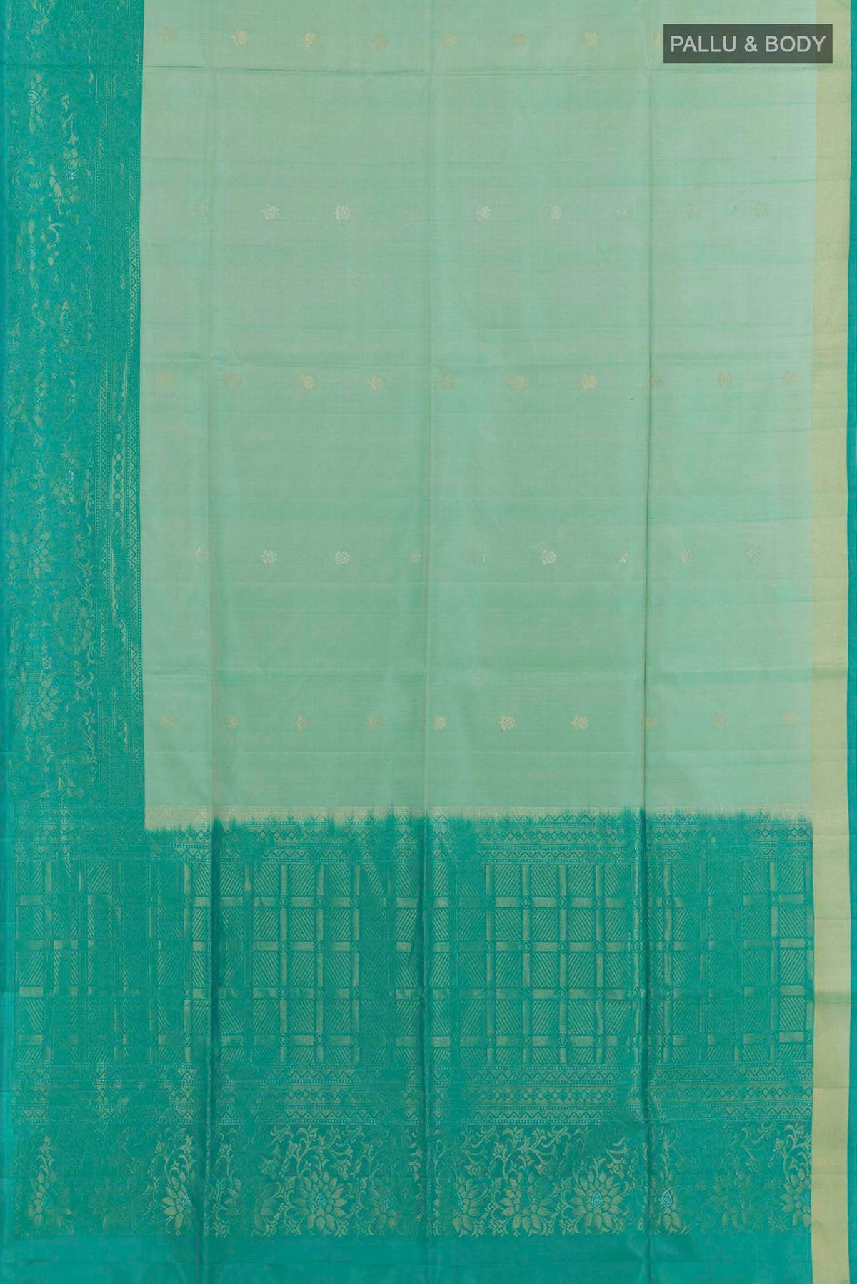 Flat view of Sage Green Soft Silk Saree with Zari Butta on the body and Zari Border. 