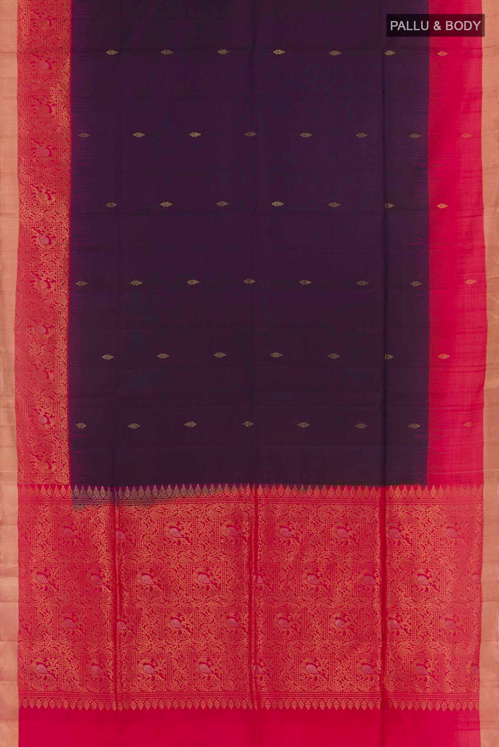 Flat view of Purple Soft Silk Saree with Zari Butta on the body and Zari Border. 