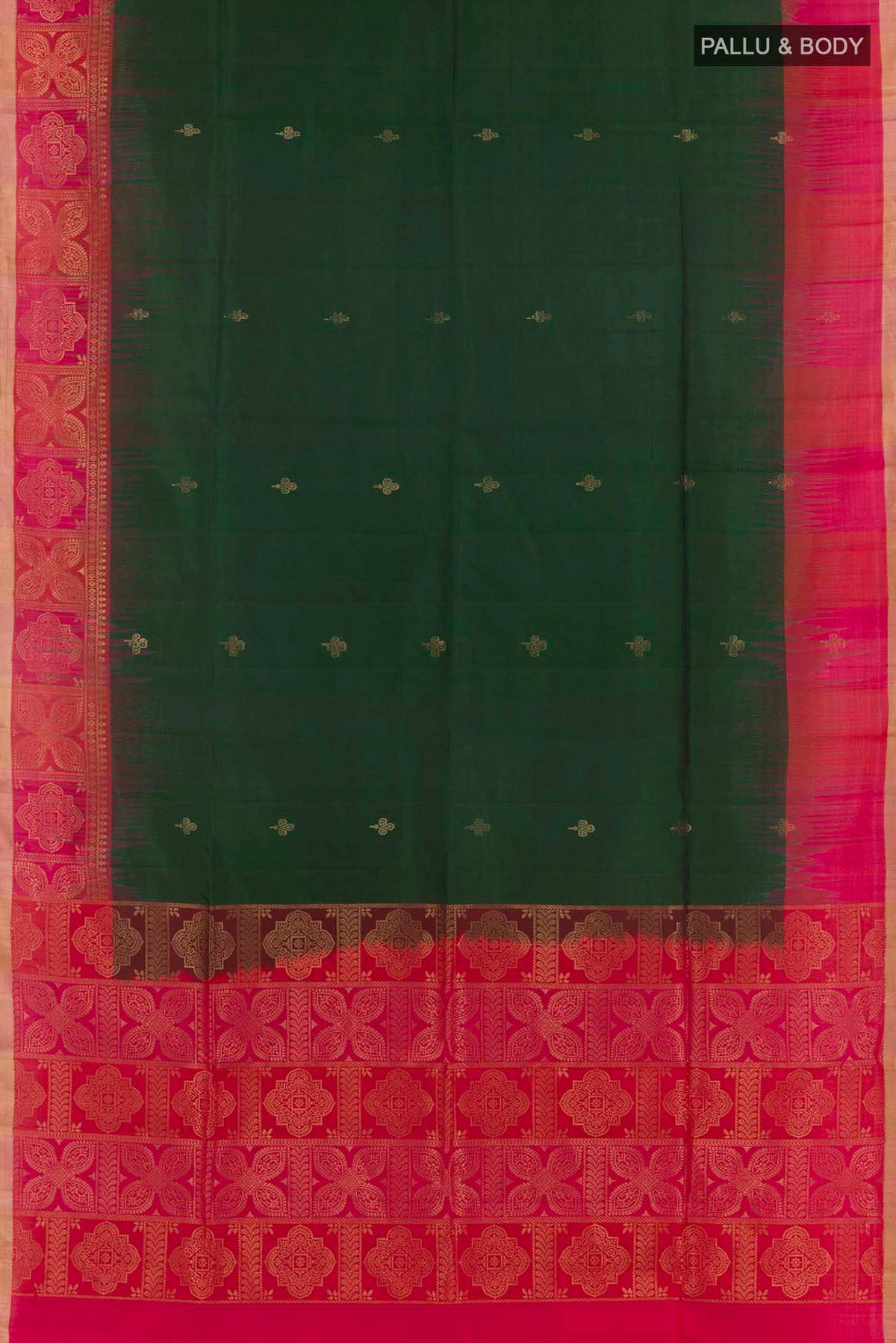 Flat view of Green Soft Silk Saree with Zari Butta on the body and Zari Border. 
