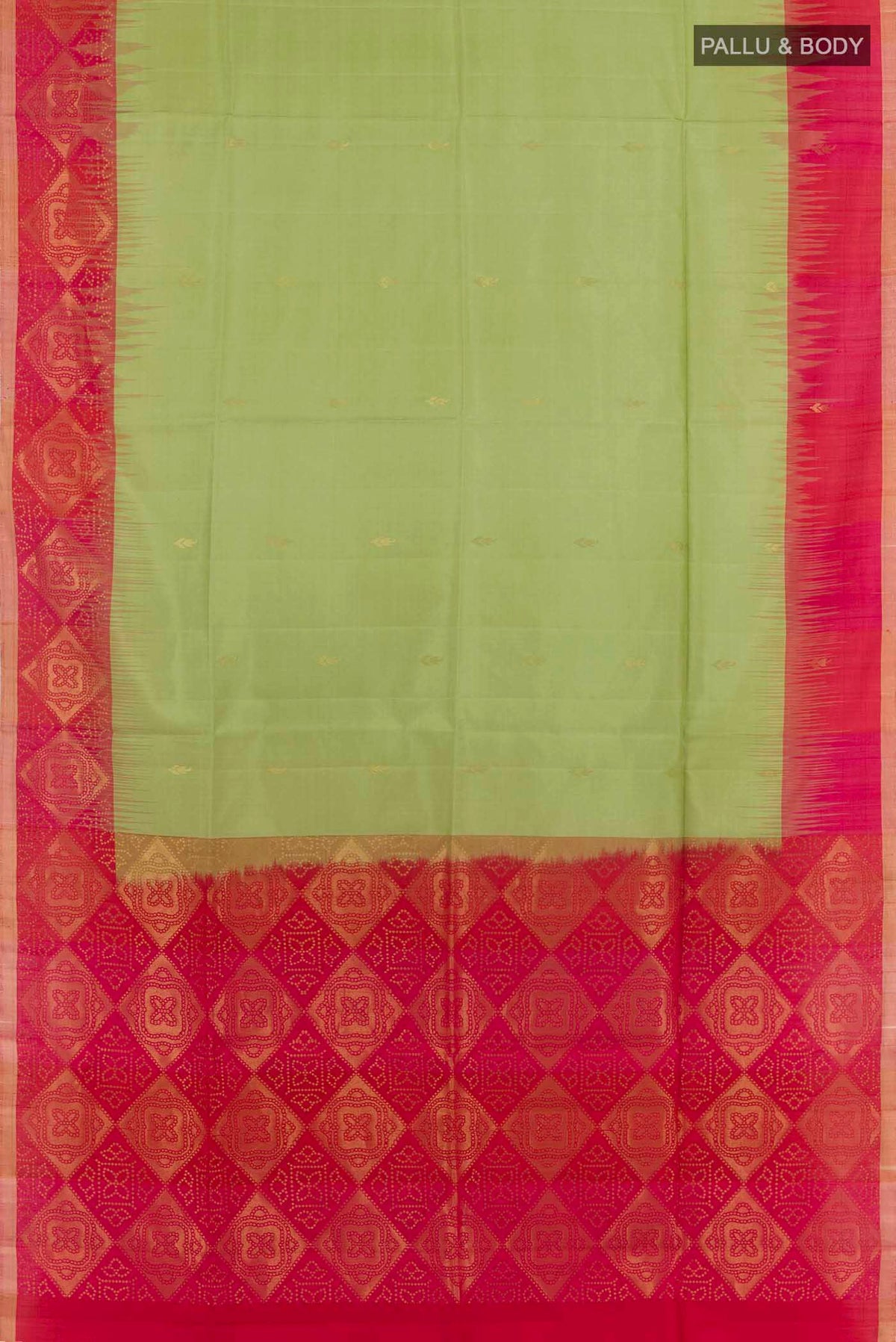 Flat view of Green Soft Silk Saree with Zari Butta on the body and Zari Border. 