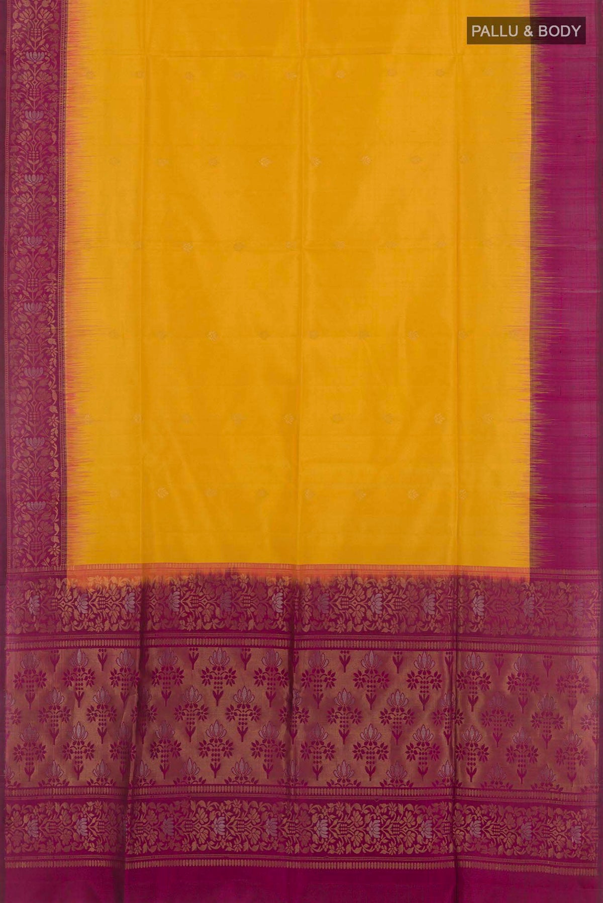 Flat view of Yellow Soft Silk Saree with Zari Butta on the body and Zari Border. 
