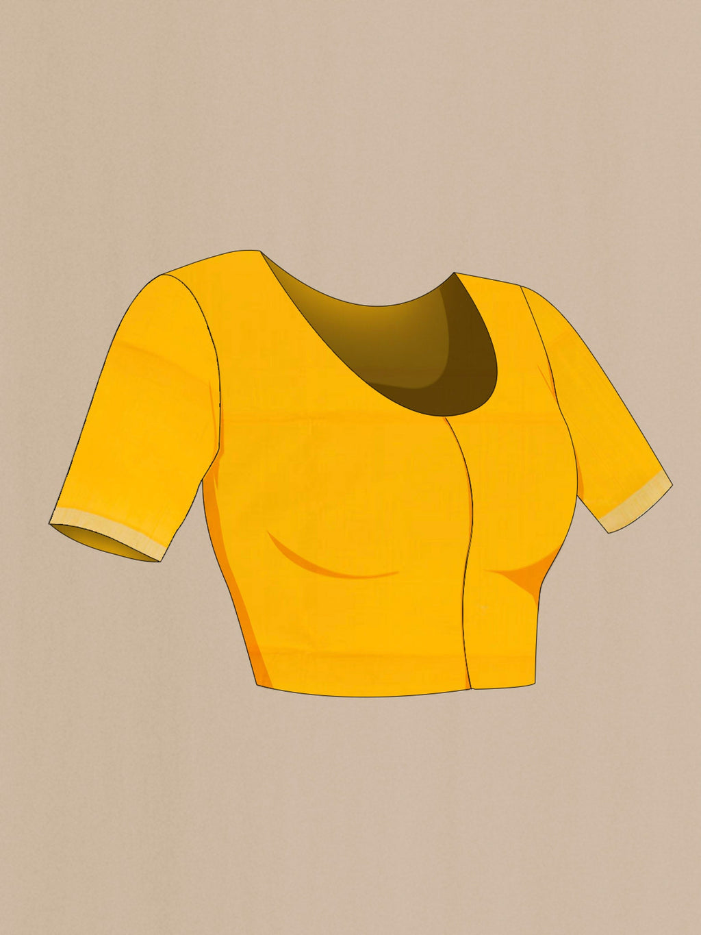 Close up image of the blouse of Yellow Soft Silk Saree with Zari Butta on the body and Zari Border. 