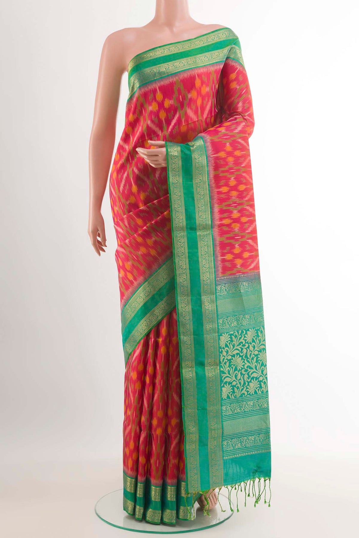 Pink Dual Tone Soft Silk Saree with Pure Ikat on the body and Zari Border.  displayed on a mannequin