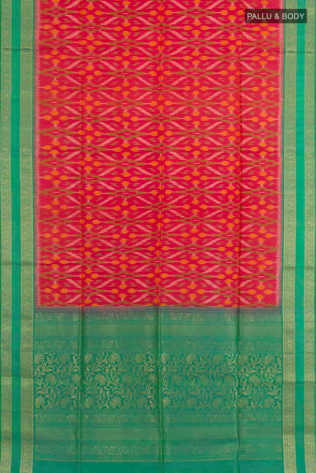 Flat view of Pink Dual Tone Soft Silk Saree with Pure Ikat on the body and Zari Border. 
