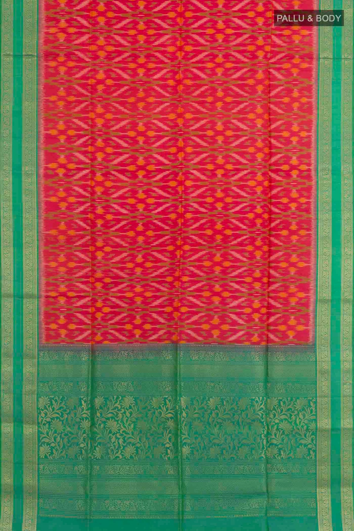 Flat view of Pink Dual Tone Soft Silk Saree with Pure Ikat on the body and Zari Border. 