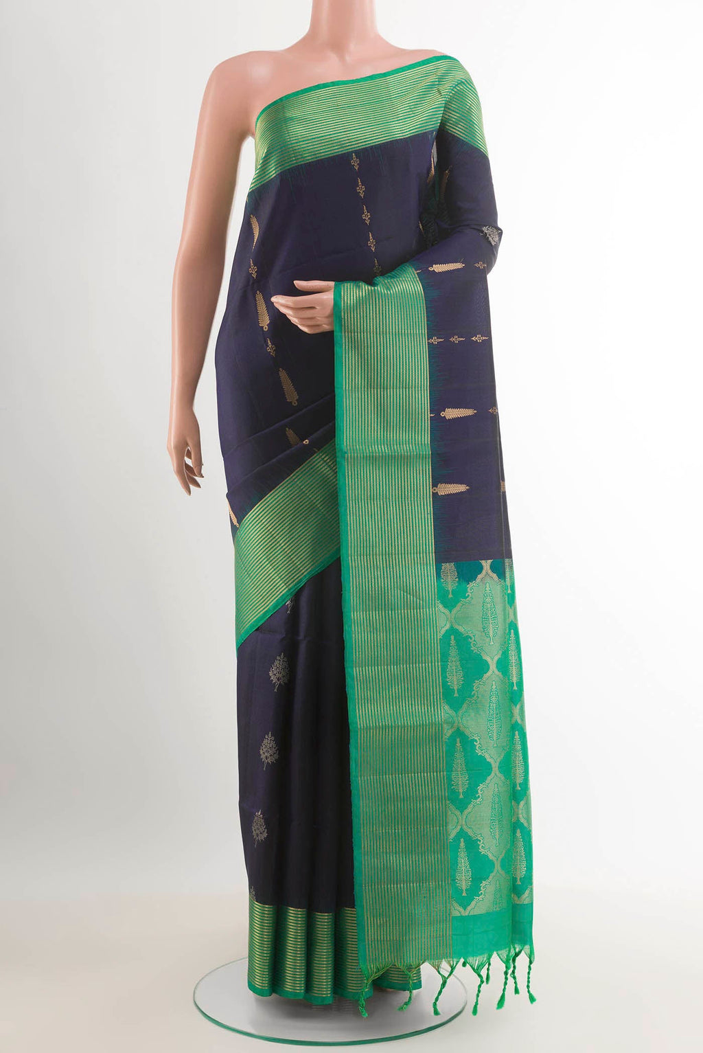 Dark Blue Dual Tone Soft Silk Saree with Zari Butta on the body and Zari Border.  displayed on a mannequin