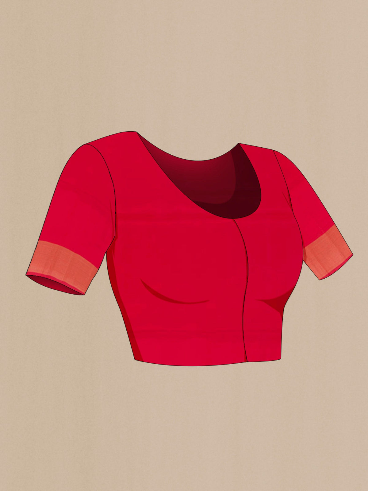 Close up image of the blouse of Red Soft Silk Saree with Plain Body and Zari Border. 