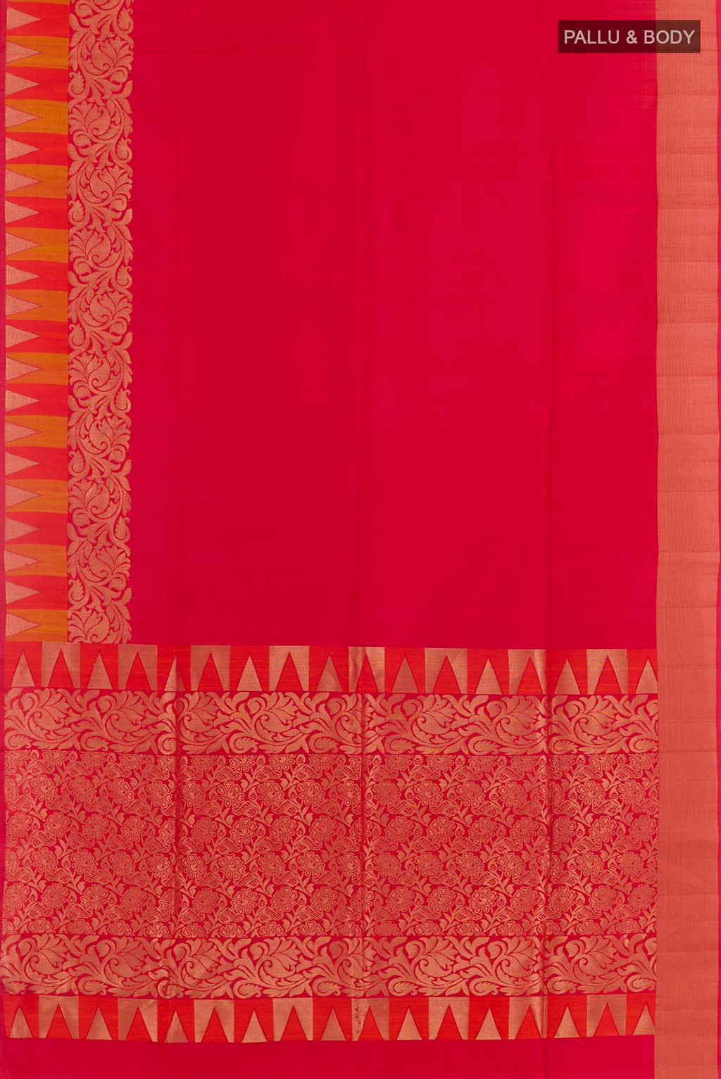 Flat view of Red Soft Silk Saree with Plain Body and Zari Border. 