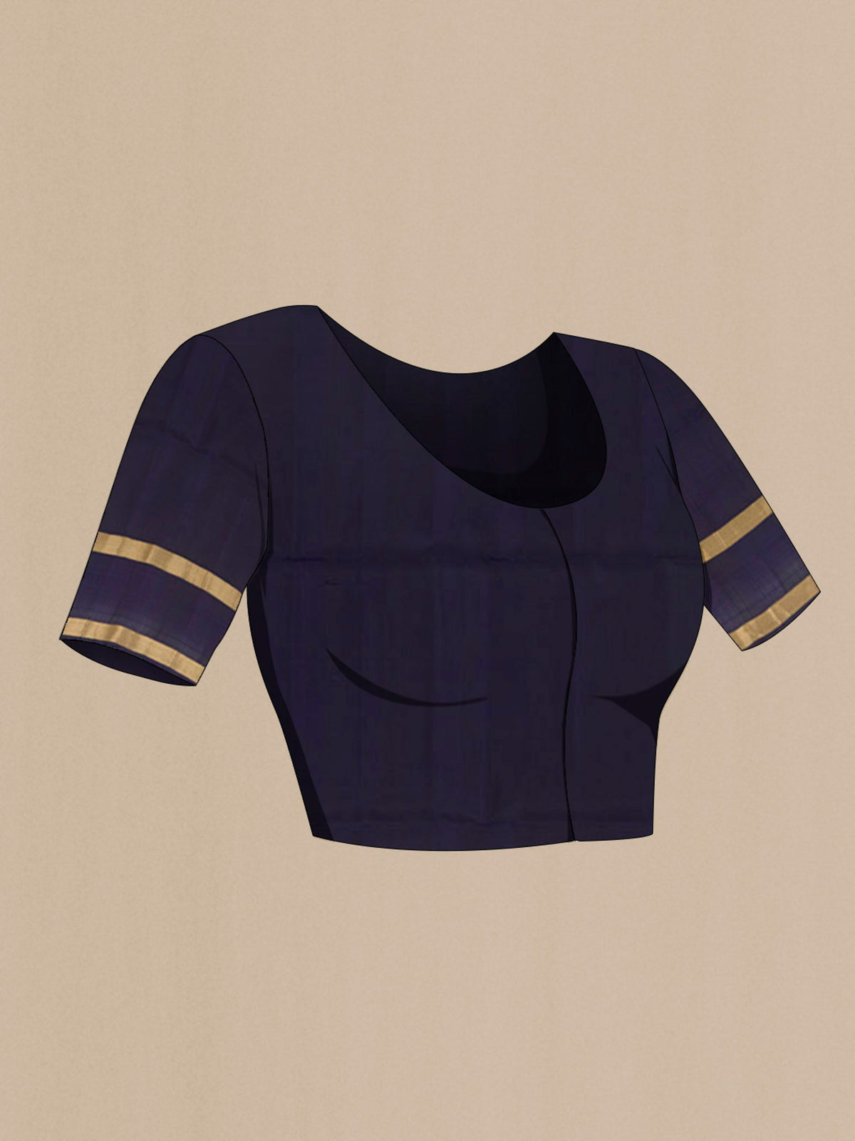 Close up image of the blouse of Purple Soft Silk Saree with Stripes on the body and Zari Border. 