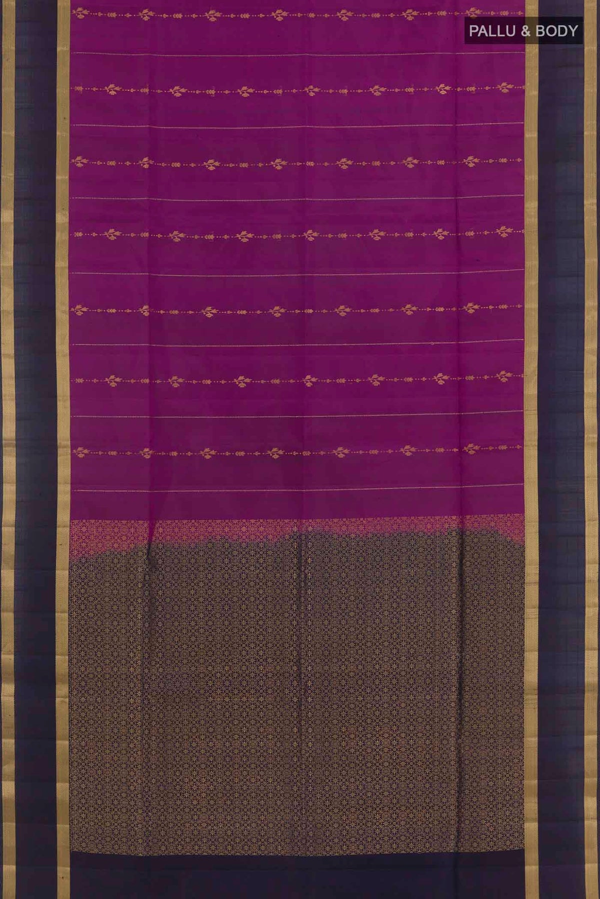 Flat view of Purple Soft Silk Saree with Stripes on the body and Zari Border. 