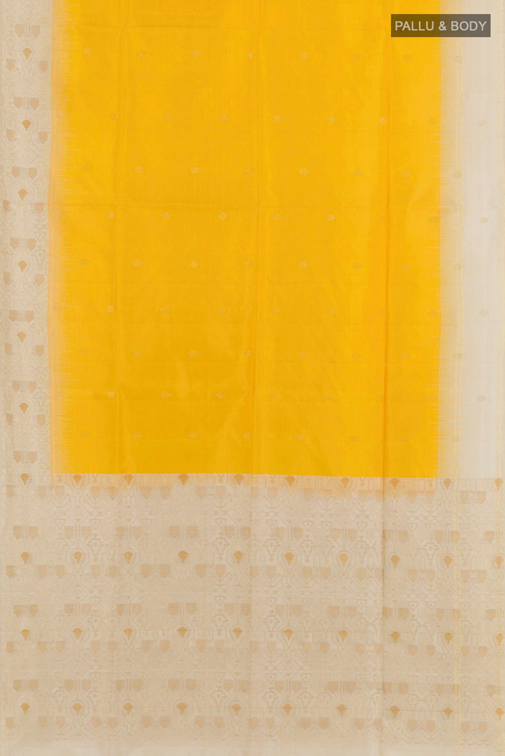 Flat view of Yellow Soft Silk Saree with Zari Butta on the body and Zari Border. 