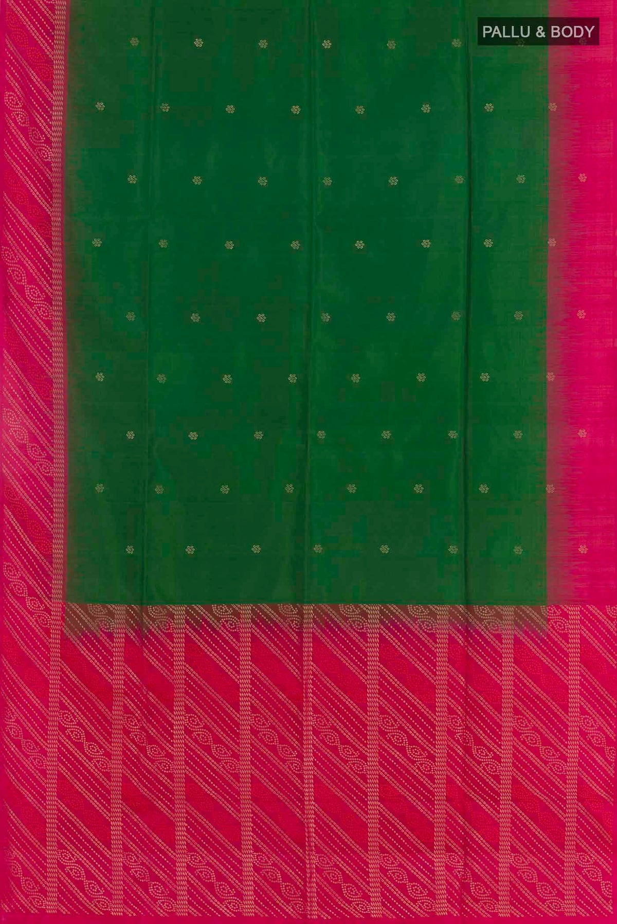 Flat view of Green Soft Silk Saree with Zari Butta on the body and Zari Border. 