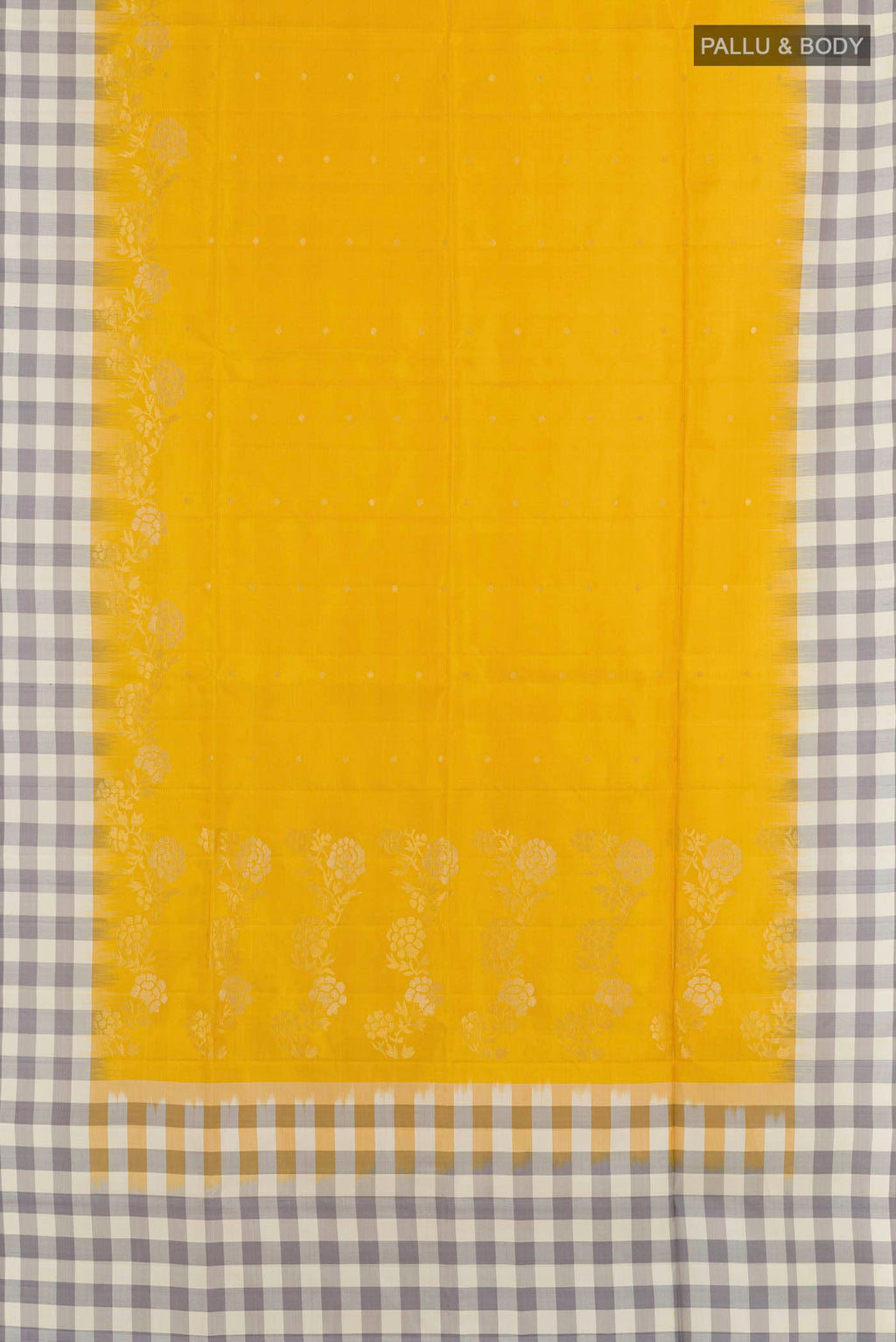 Flat view of Yellow Dual Tone Soft Silk Saree with Zari Butta on the body and Zari Border. 