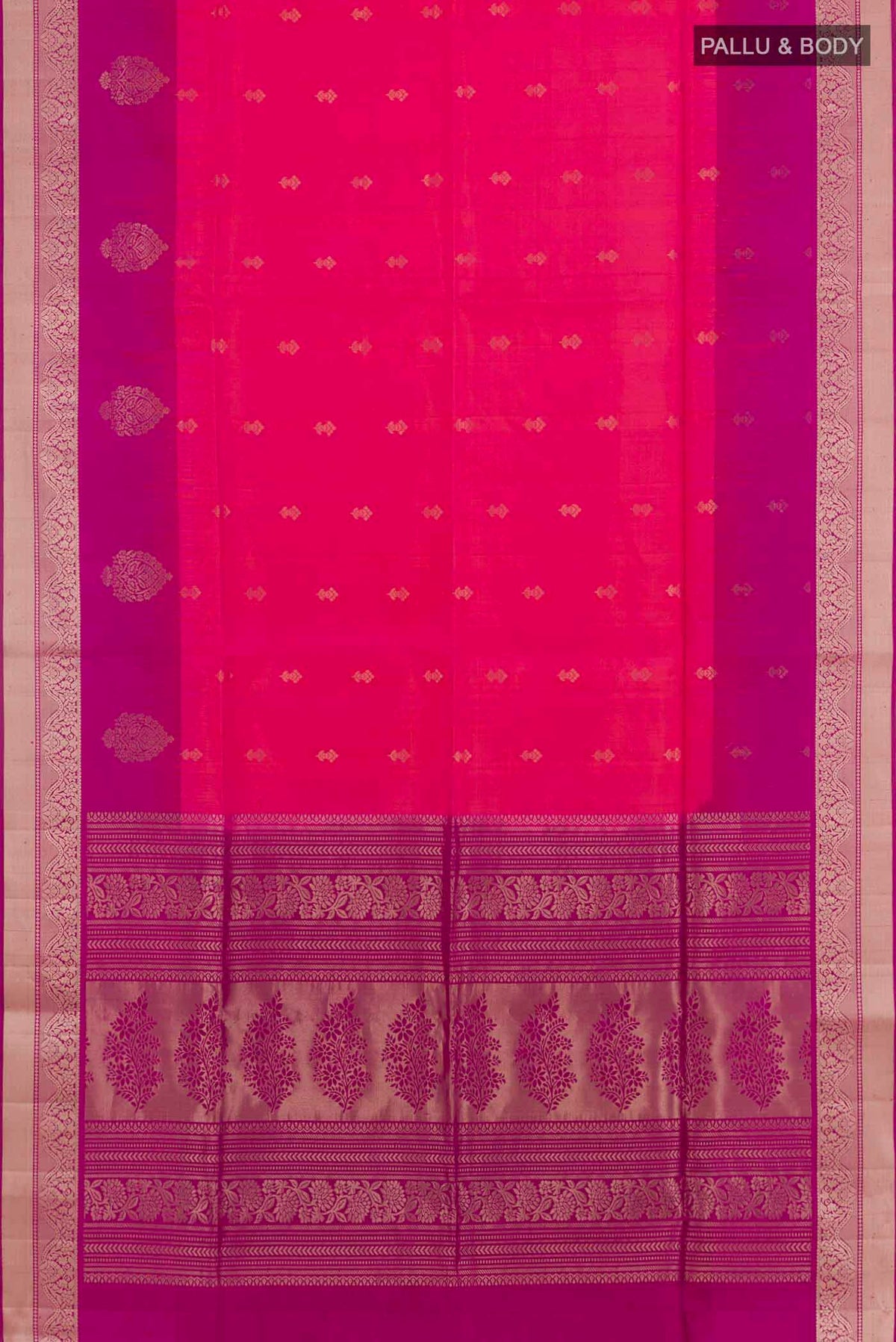Flat view of Pink Soft Silk Saree with Zari Butta on the body and Zari Border. 