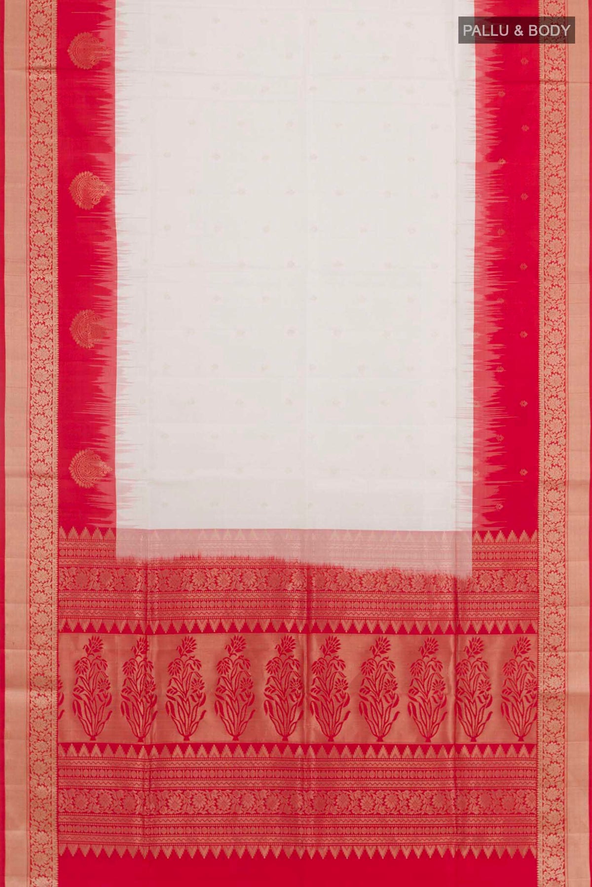Flat view of Off White Soft Silk Saree with Zari Butta on the body and Zari Border. 