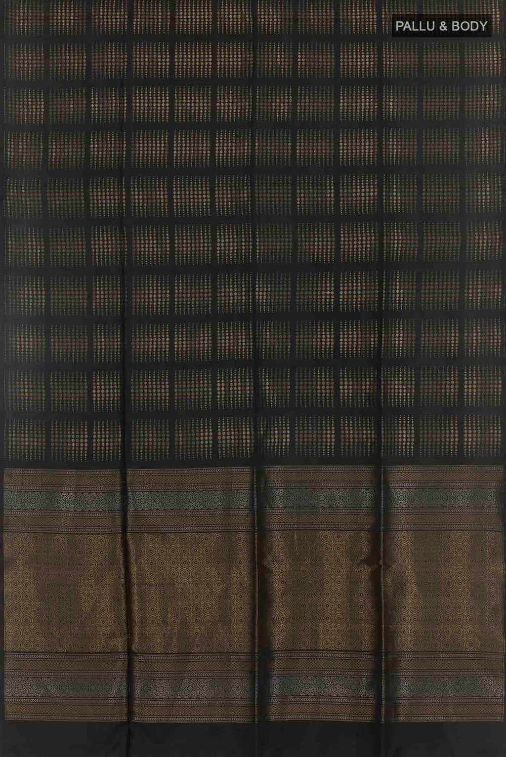 Flat view of Black Soft Silk Saree with Zari Butta on the body and Zari Border. 
