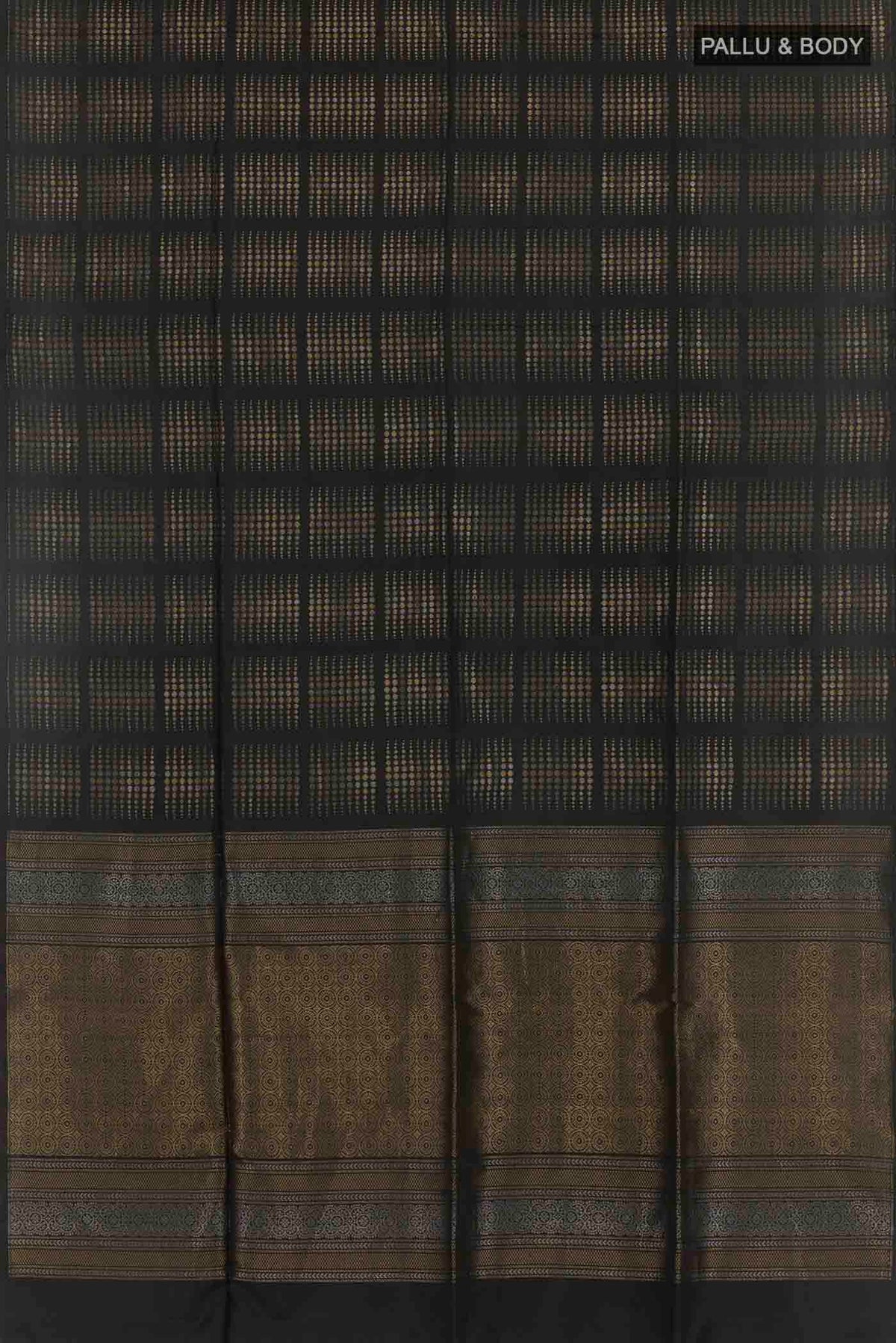 Flat view of Black Soft Silk Saree with Zari Butta on the body and Zari Border. 
