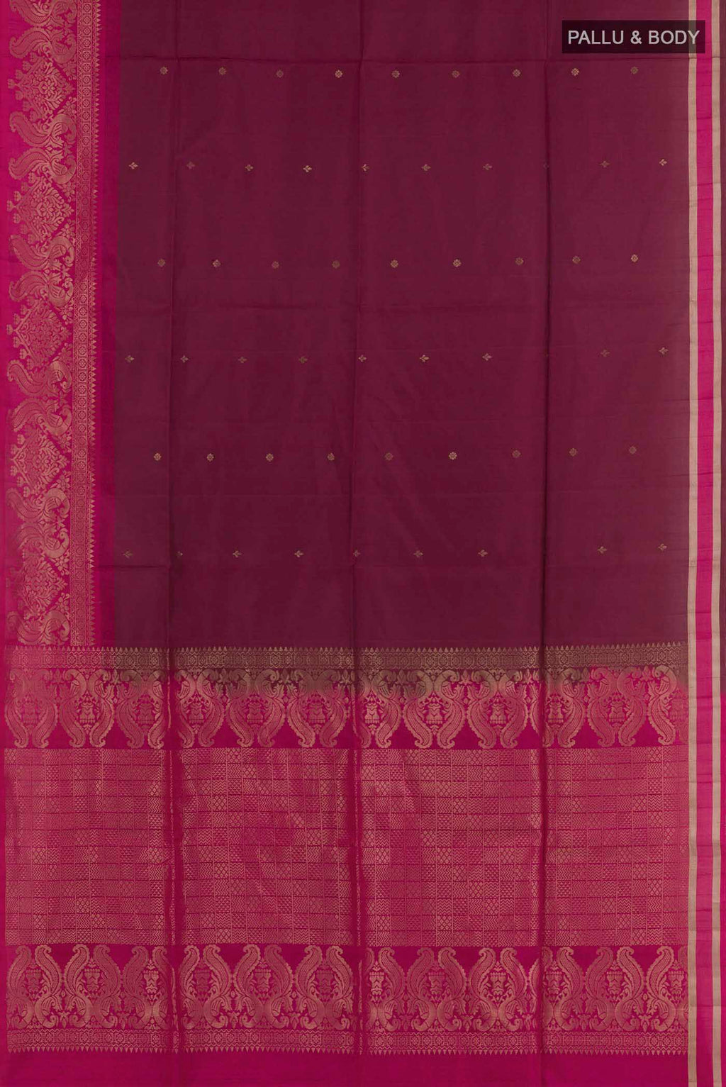 Flat view of Purple Soft Silk Saree with Zari Butta on the body and Zari Border. 