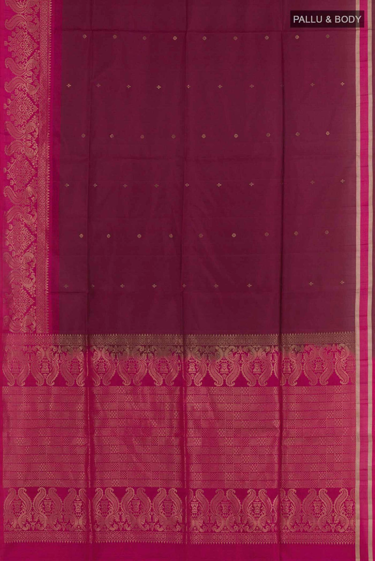 Flat view of Purple Soft Silk Saree with Zari Butta on the body and Zari Border. 