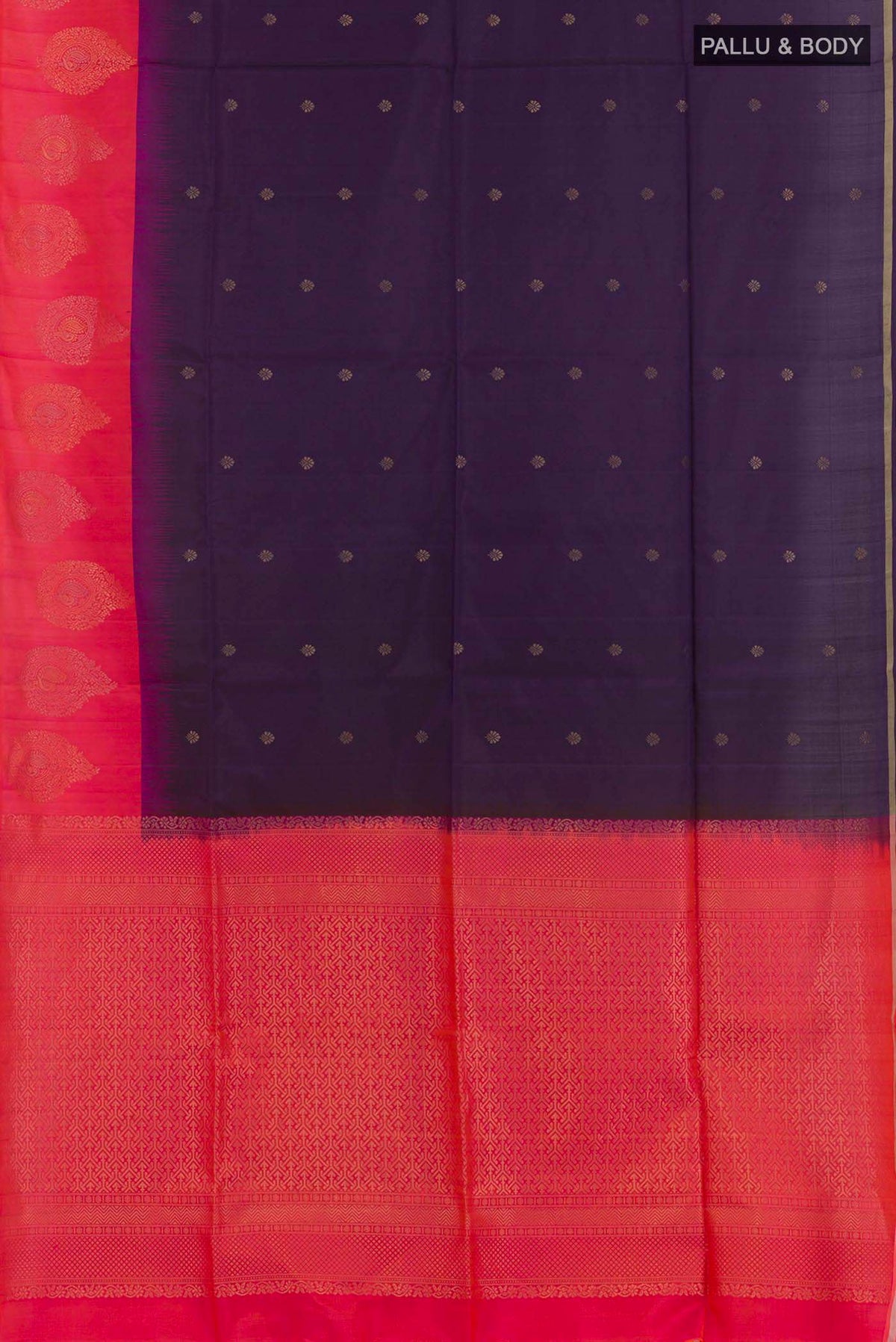Flat view of Dark Blue Soft Silk Saree with Zari Butta on the body and Zari Border. 