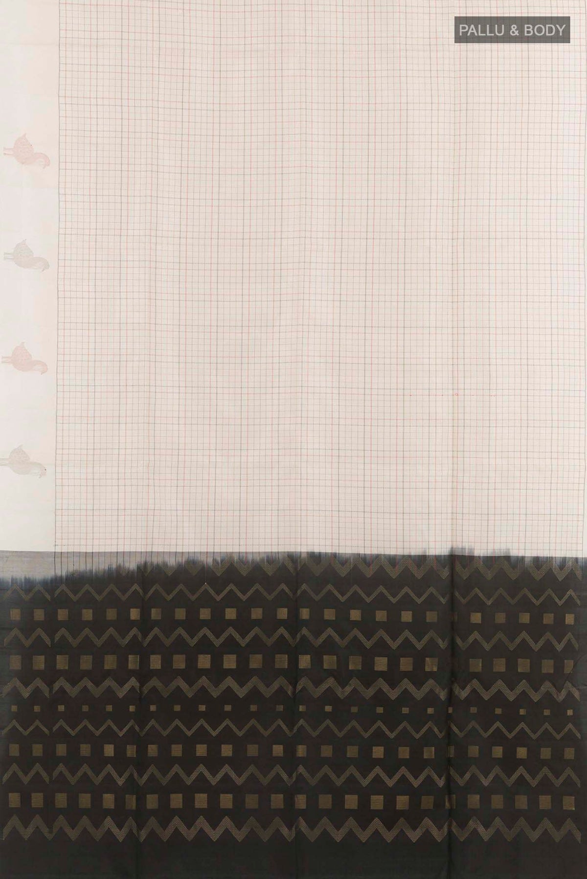 Flat view of Off White Soft Silk Saree with Checked design on the body and Zari Border. 