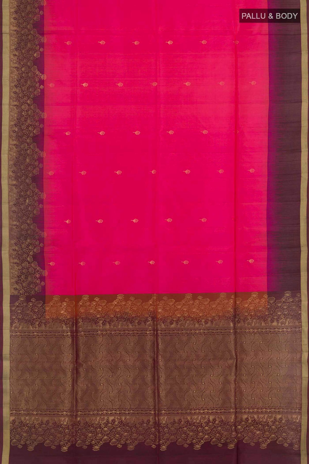 Flat view of Pink Soft Silk Saree with Zari Butta on the body and Zari Border. 