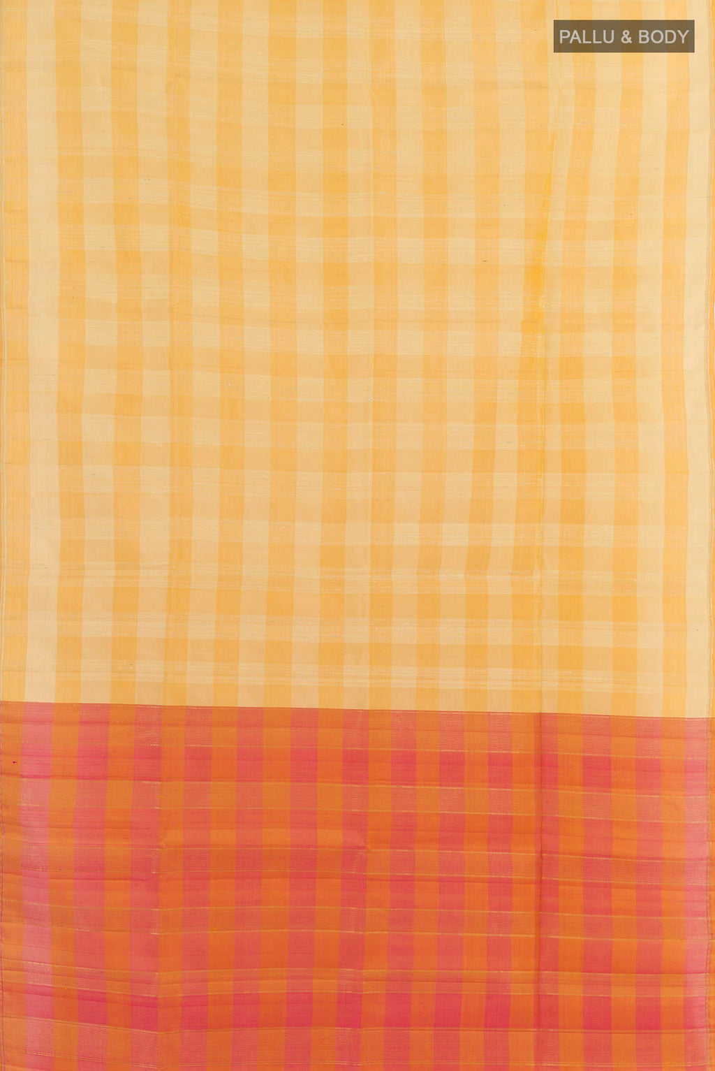 Flat view of Yellow Soft Silk Saree with Checked design on the body and Zari Border. 