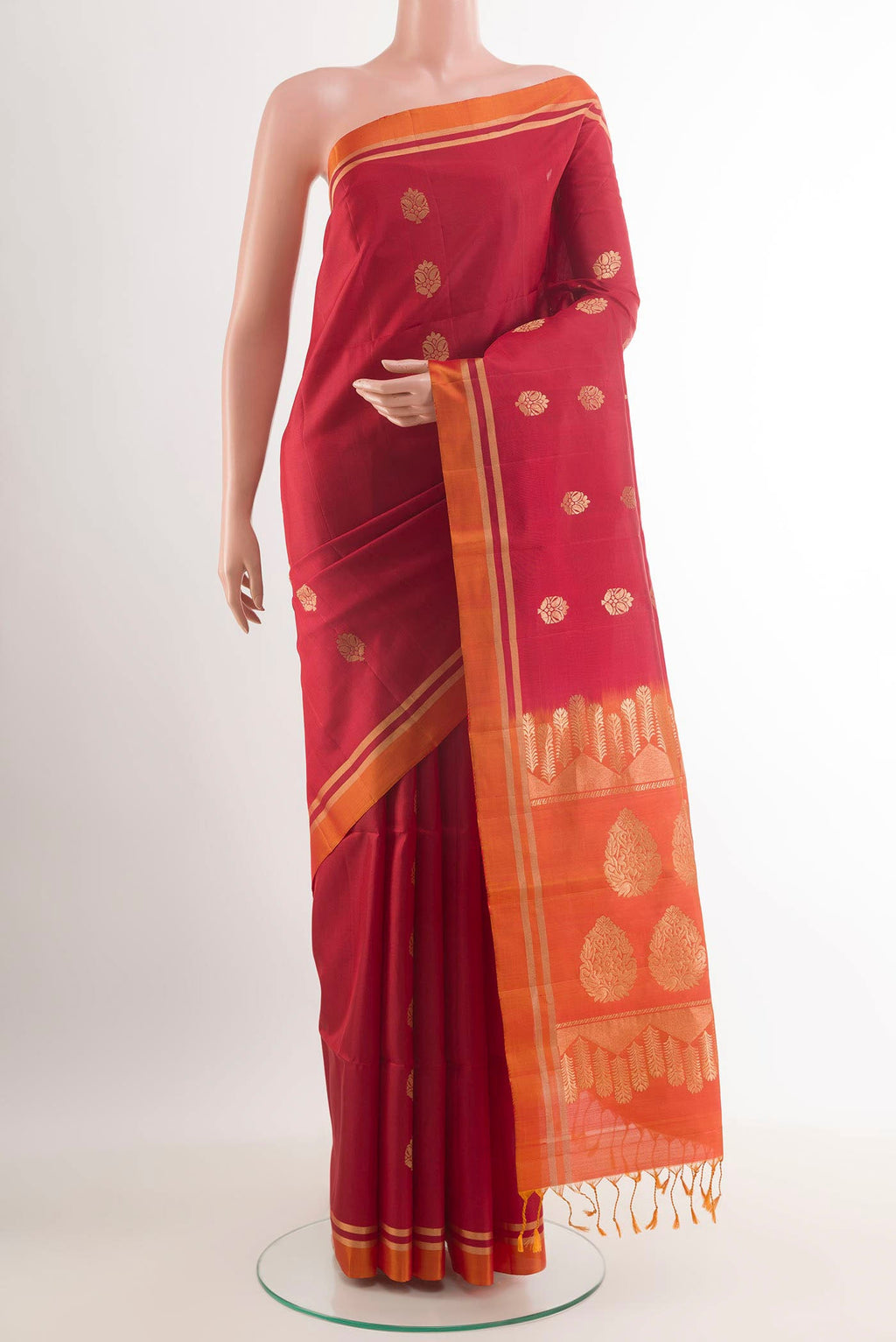 Red Dual Tone Soft Silk Saree with Zari Butta on the body and Zari Border.  displayed on a mannequin