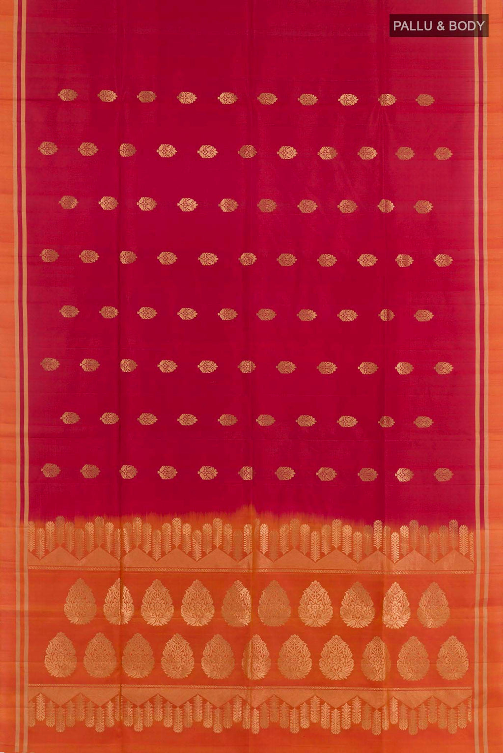 Flat view of Red Dual Tone Soft Silk Saree with Zari Butta on the body and Zari Border. 