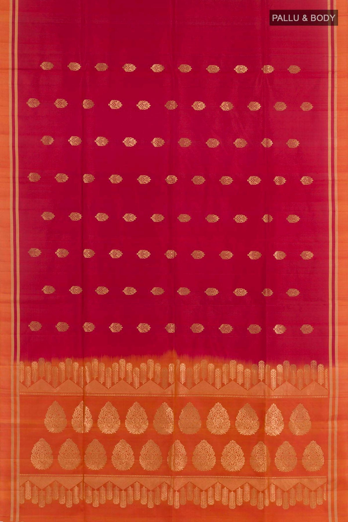 Flat view of Red Dual Tone Soft Silk Saree with Zari Butta on the body and Zari Border. 