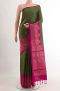 Olive Green Soft Silk Saree with Zari Butta on the body and Zari Border.  displayed on a mannequin