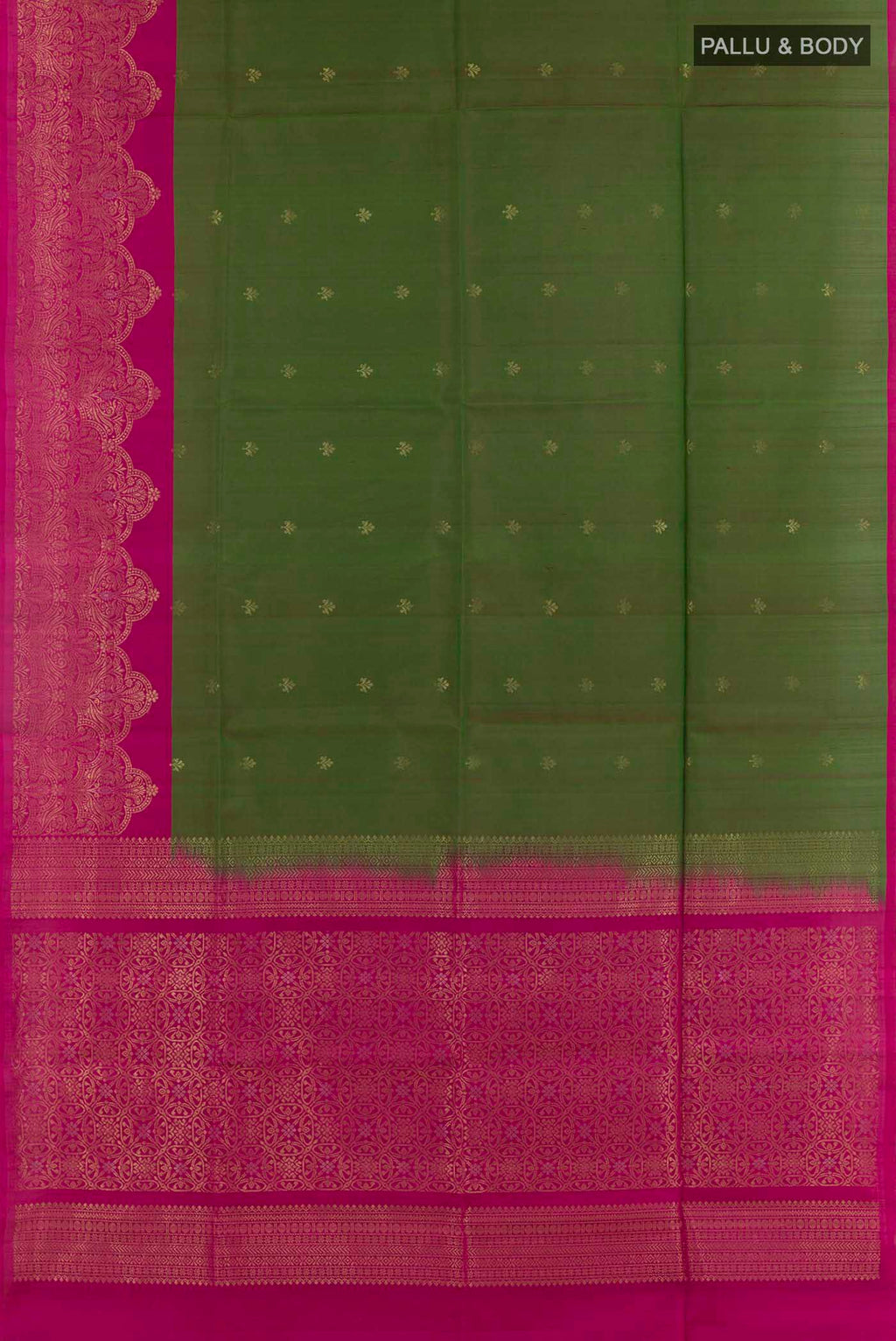 Flat view of Olive Green Soft Silk Saree with Zari Butta on the body and Zari Border. 