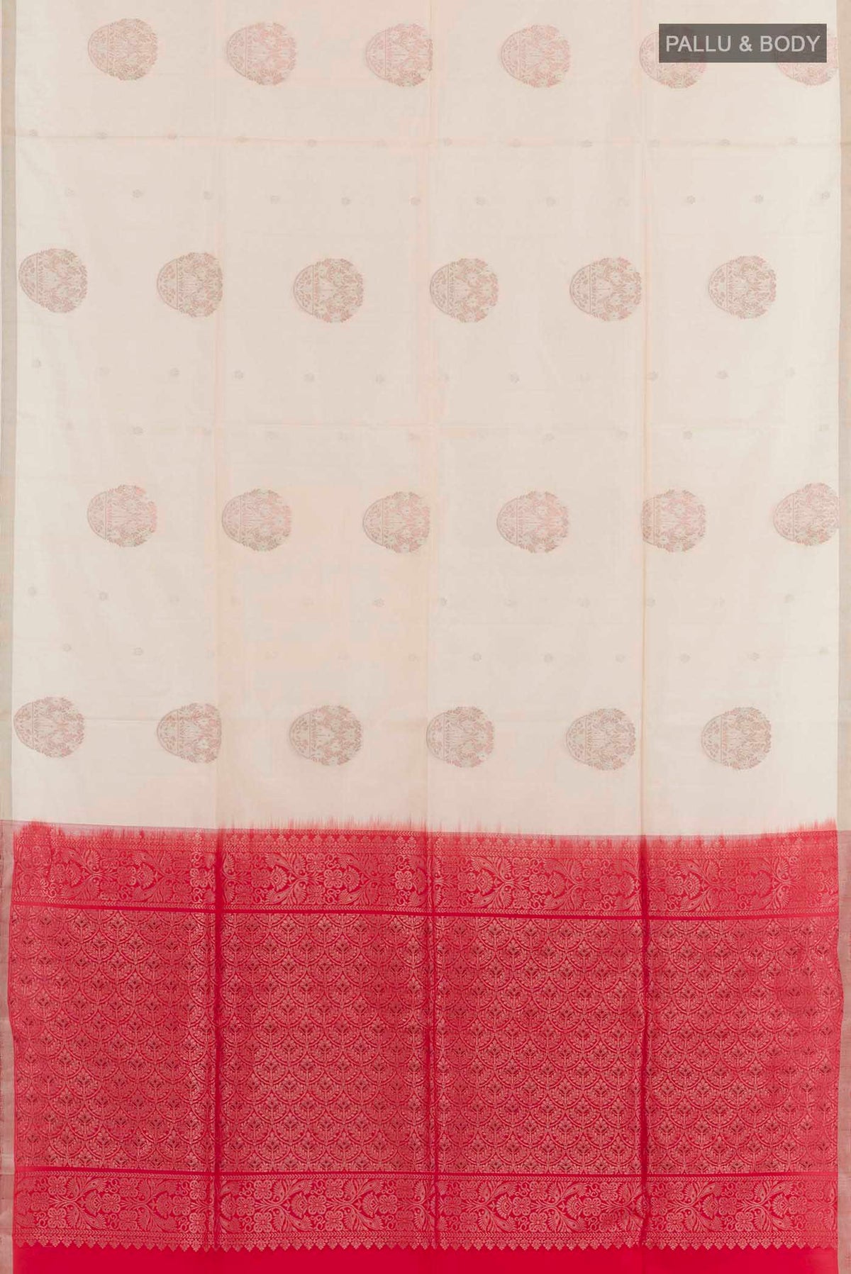 Flat view of Off White Soft Silk Saree with Zari Butta on the body and Zari Border. 