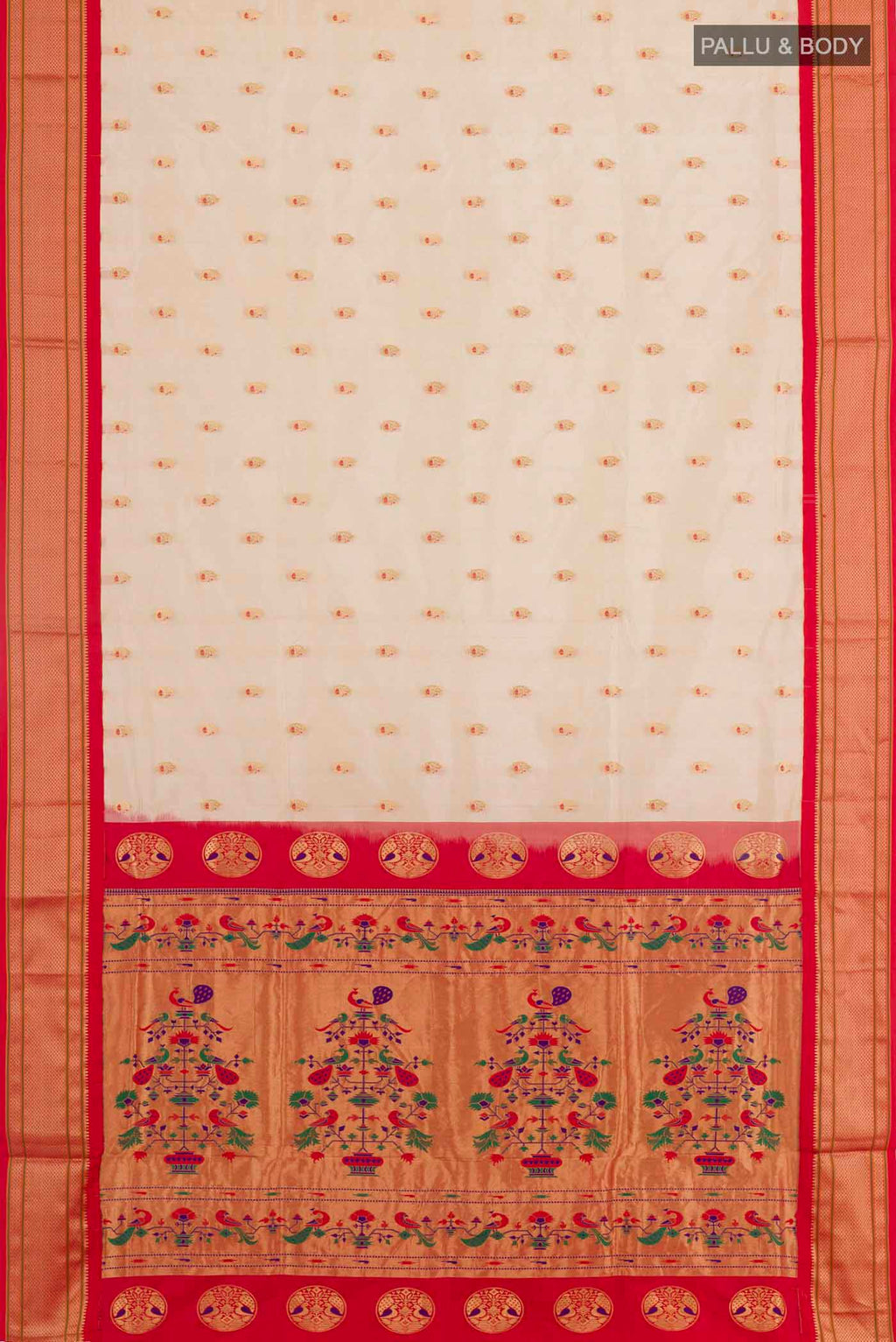 Flat view of Off White Soft Silk Saree with Zari Butta on the body and Zari Border. 