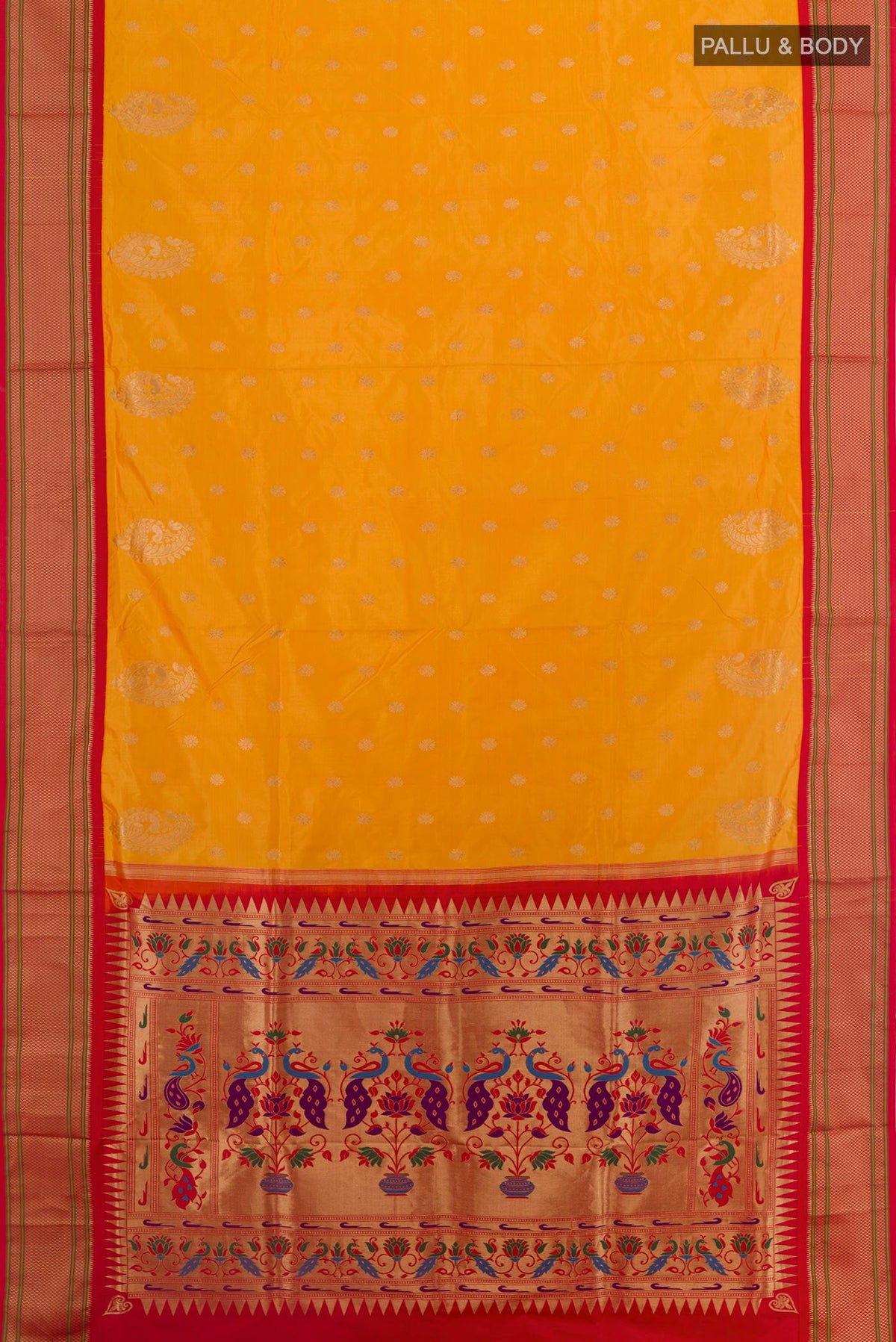 Flat view of Yellow Paithani Silk Saree with Zari Butta on the body and Zari Border. 
