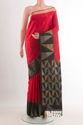 Red Soft Silk Saree with Zari Butta on the body and Zari Border.  displayed on a mannequin