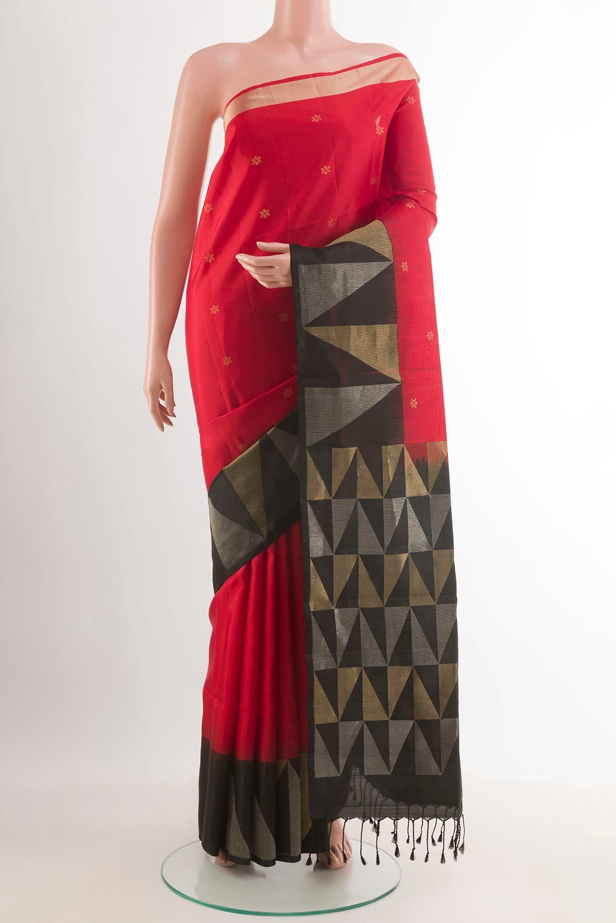 Red Soft Silk Saree with Zari Butta on the body and Zari Border.  displayed on a mannequin