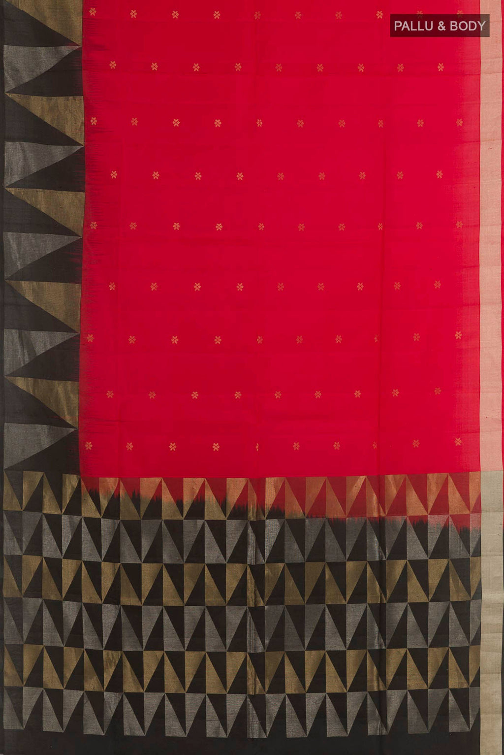 Flat view of Red Soft Silk Saree with Zari Butta on the body and Zari Border. 