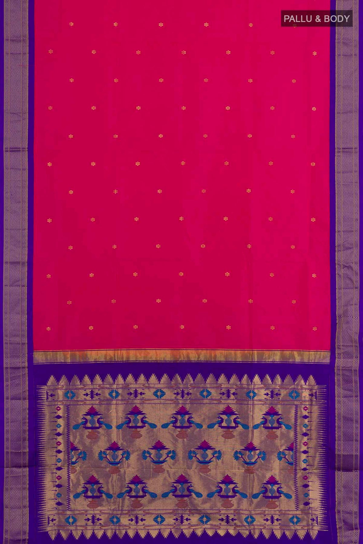 Flat view of Pink Soft Silk Saree with Zari Butta on the body and Zari Border. 