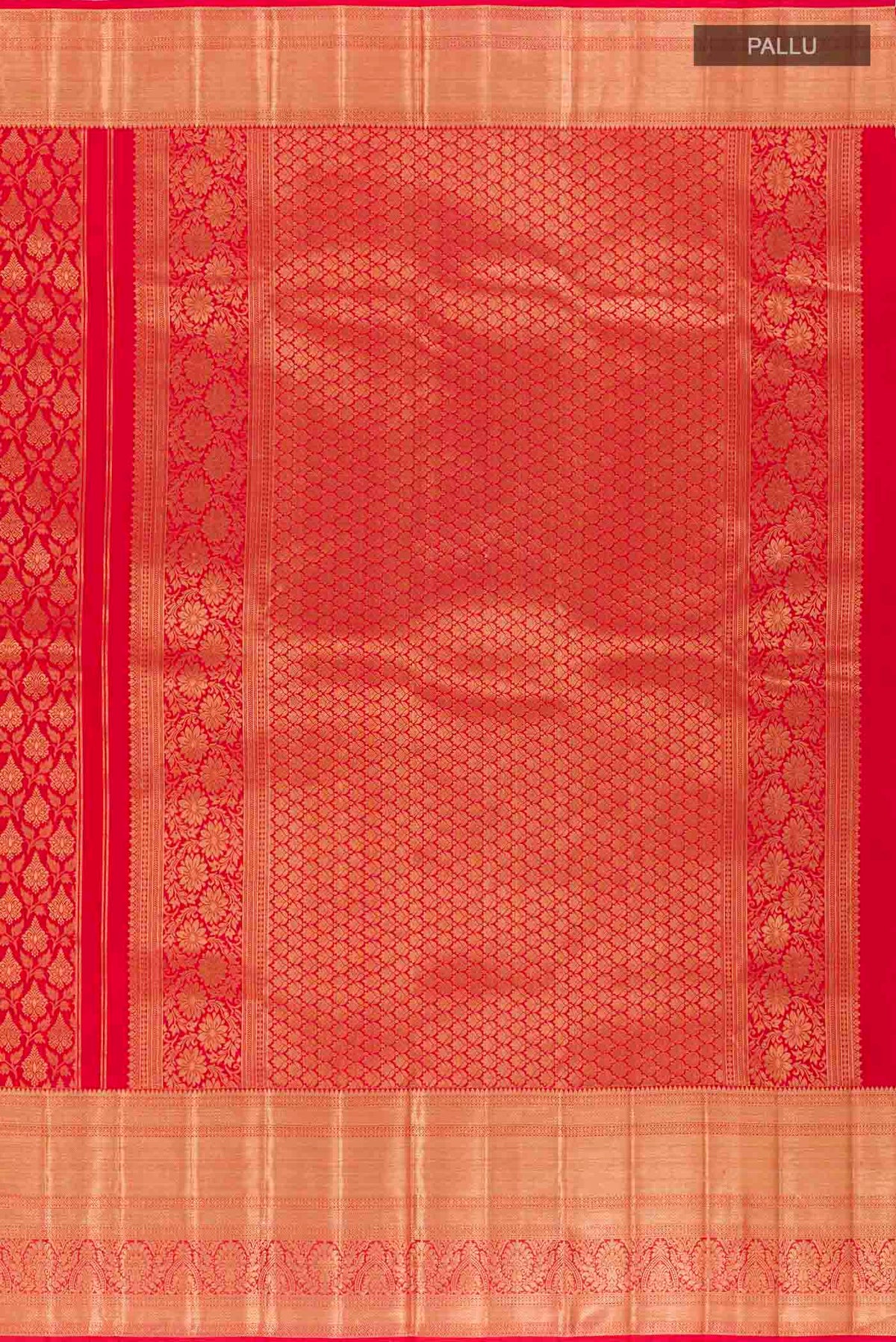 Close up image of the pallu of Red Kanchipuram Silk Saree with Zari Brocade on the body and Zari Border. 