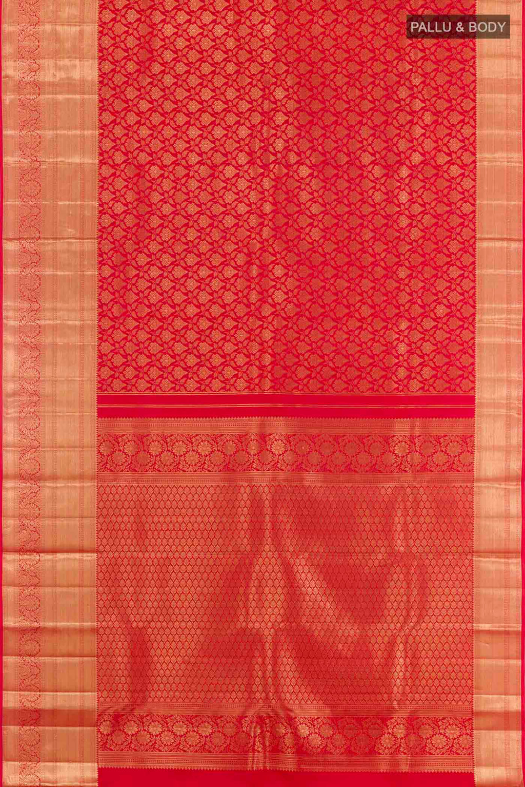 Flat view of Red Kanchipuram Silk Saree with Zari Brocade on the body and Zari Border. 