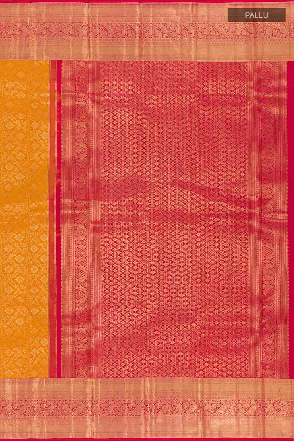 Close up image of the pallu of Yellow Kanchipuram Silk Saree with Zari Brocade on the body and Zari Border. 